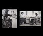 Foto tratta dal rapporto annuale del 1982 della sede cantonale di Pro Infirmis Ginevra: una donna in sedia a rotelle a casa e in ufficio. Foto: Archivio Pro Infirmis